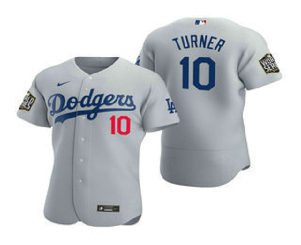 Men's Los Angeles Dodgers #10 Justin Turner Gray 2020 World Series Flex Base Nike Jersey