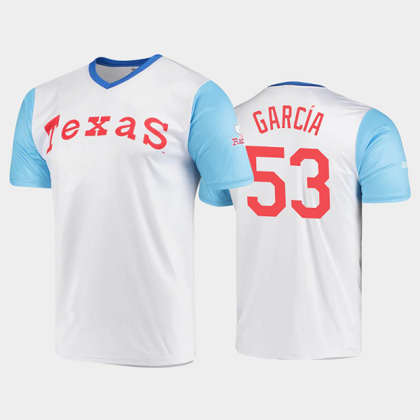 Men's Mitchell And Ness Wordmark White Texas Rangers Cooperstown Collection #53 Adolis Garcia Throwback MLB Jersey