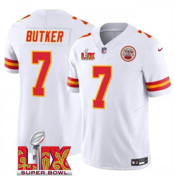 Men's Kansas City Chiefs #7 Harrison Butker White Super Bowl LIX F.U.S.E. Vapor Limited Stitched Jersey