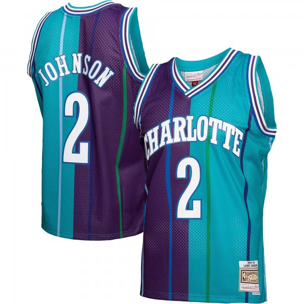 Men's Charlotte Hornets Larry Johnson Mitchell & Ness Teal/Purple Hardwood Classics 1992/93 Split Swingman Jersey