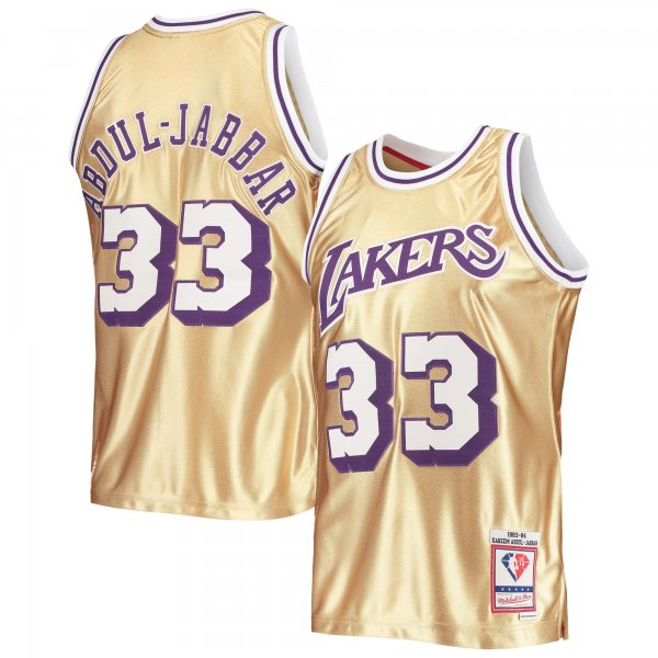 Men's Los Angeles Lakers Kareem Abdul-Jabbar Gold Mitchell & Ness 75th Anniversary 1983/84 Hardwood Classics Swingman Jersey