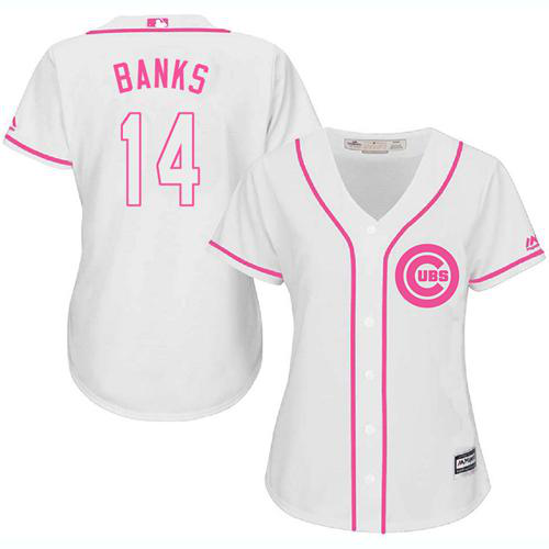 Chicago Cubs #14 Ernie Banks White/Pink Fashion Women's Stitched MLB Jersey