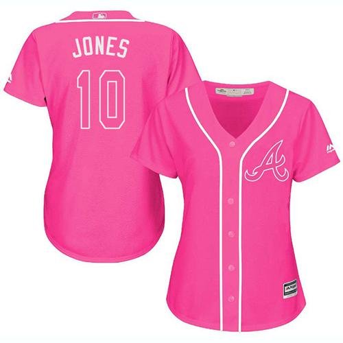 Atlanta Braves #10 Chipper Jones Pink Fashion Women's Stitched MLB Jersey