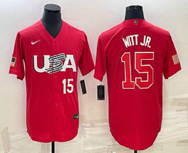 Men's USA Baseball #15 Bobby Witt Jr 2023 Red World Baseball Classic Stitched Jersey