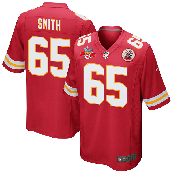 Trey Smith #65 Kansas City Chiefs Super Bowl LVII Champions 3 Stars Men's Game Red NFL Jersey