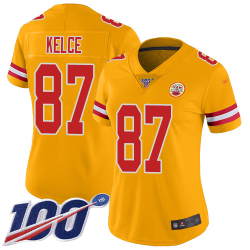 Women's Kansas City Chiefs #87 Travis Kelce GoldStitched NFL Limited Inverted Legend 100th Season Jersey