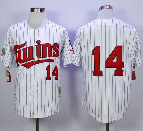 Mitchell And Ness 1991 Minnesota Twins #14 Kent Hrbek White(Blue Strip) Throwback Stitched MLB Jersey