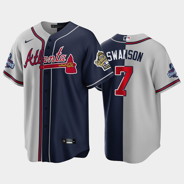 Men's Atlanta Braves 1995 Throwback Split Dansby Swanson Gray Navy 2021 World Series Champions MLB Jersey