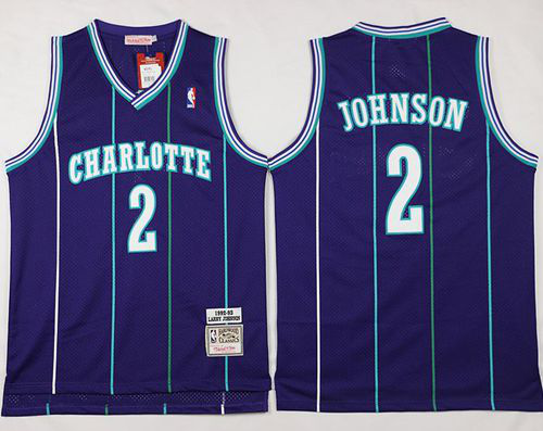 Men's Mitchell And NessCharlotte Hornets #2 Larry Johnson Purple Throwback Stitched NBA Jersey