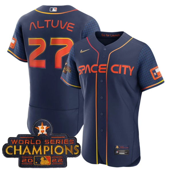 Men's Houston Astros #27 Jose Altuve 2023 Space City Champions Flex Base Navy Jersey