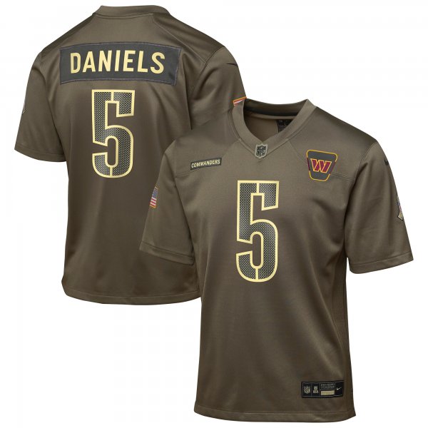 Youth #5 Jayden Daniels Washington Commanders Nike 2025 Salute to Service Game Olive Jersey