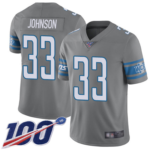 Detroit Lions #33 Kerryon Johnson Gray Men's Stitched NFL Limited Rush 100th Season Jersey