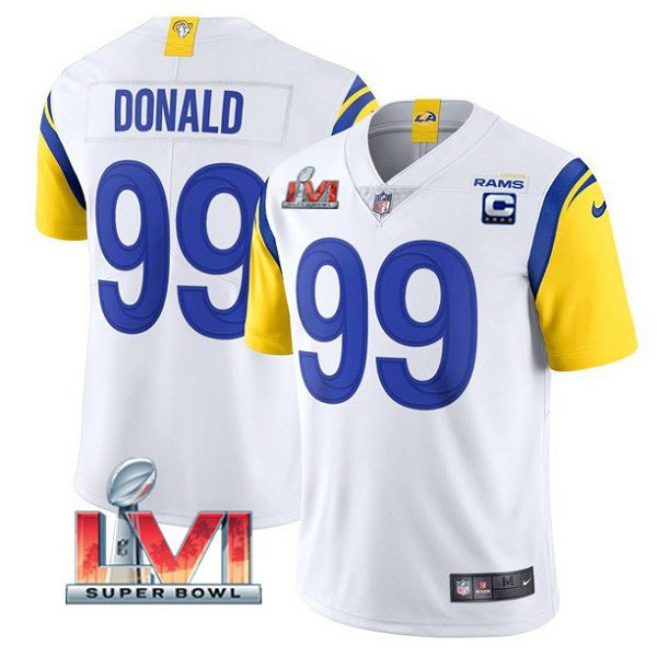 Women's Los Angeles Rams #99 Aaron Donald White 2022 With C Patch Super Bowl LVI Vapor Limited Stitched Jersey