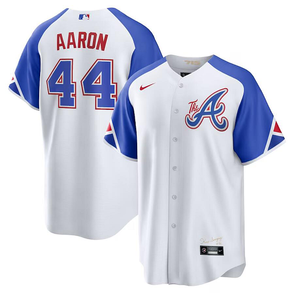 Men's Atlanta Braves #44 Hank Aaron Nike White 2023 City Connect Cool Base Player Jersey