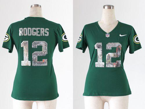 Nike Green Bay Packers #12 Aaron Rodgers Green Team Color Handwork Sequin Lettering Women's Stitched NFL Elite Jersey