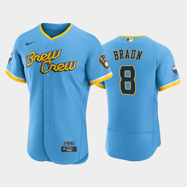 Men's Milwaukee Brewers 2022 City Connect #8 Ryan Braun Flex Base MLB Jersey - Powder Blue