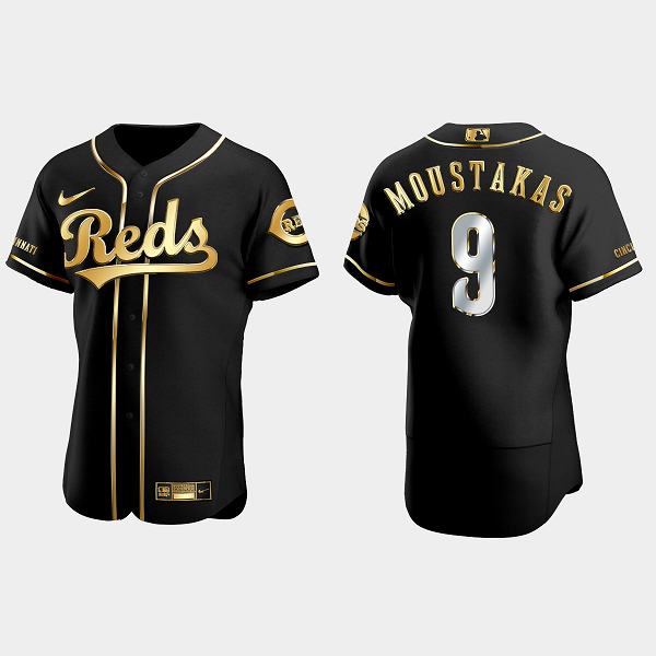 Men's Cincinnati Reds #9 Mike Moustakas Golden Edition Black Flex Base MLB Jersey