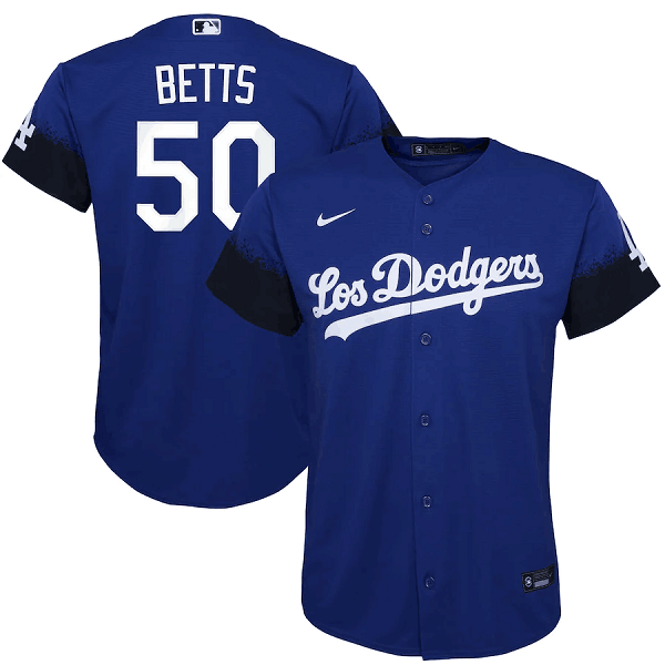 Youth Los Angeles Dodgers #50 Mookie Betts Nike Royal 2021 City Connect Cool Base Player Jersey