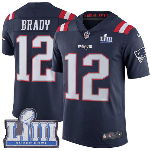 Nike New England Patriots #12 Tom Brady Navy Blue Super Bowl LIII Bound Youth Stitched NFL Limited Rush Jersey