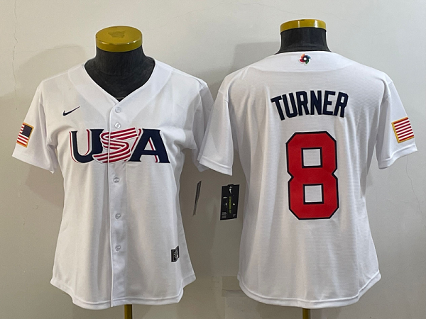 Women's Philadelphia Phillies #8 Trea Turner 2023 World Baseball Classic White USA Jersey