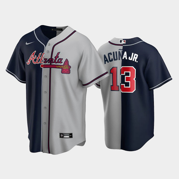 Men's Atlanta Braves Replica MLB Jersey #13 Ronald Acuna Jr. Navy-Gray Split