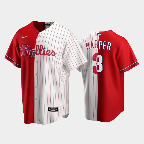 Men's Philadelphia Phillies Split Replica #3 Bryce Harper Red/White MLB Jersey