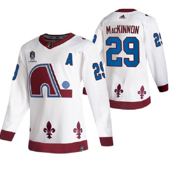 Men's Colorado Avalanche #29 Nathan MacKinnon 2022 White Stanley Cup Champions Patch Stitched Jersey