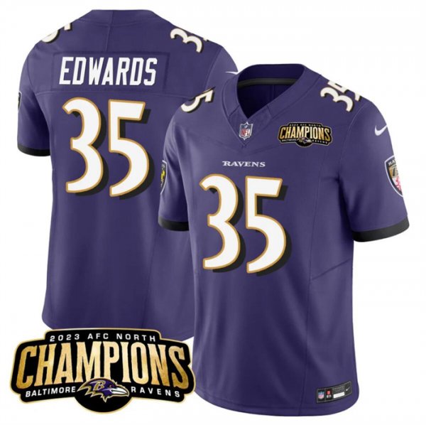 Men's Baltimore Ravens #35 Gus Edwards Purple 2023 F.U.S.E. AFC North Champions Vapor Limited NFL Jersey