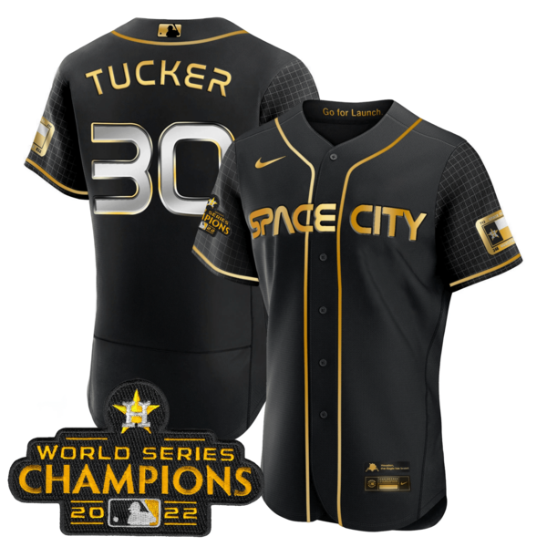 Men's Houston Astros #30 Kyle Tucker 2023 Space City Champions Flex Base Black Golden Jersey