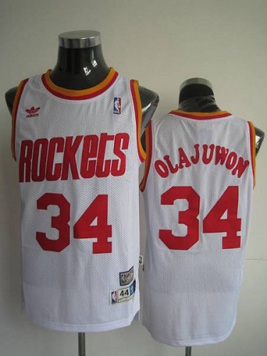 Mitchell and Ness Men's Houston Rockets #34 Hakeem Olajuwon Stitched White Throwback NBA Jersey