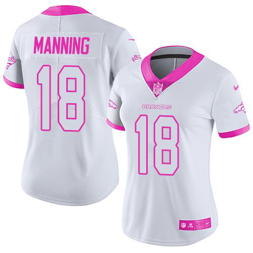 Nike Denver Broncos #18 Peyton Manning White/Pink Women's Stitched NFL Limited Rush Fashion Jersey