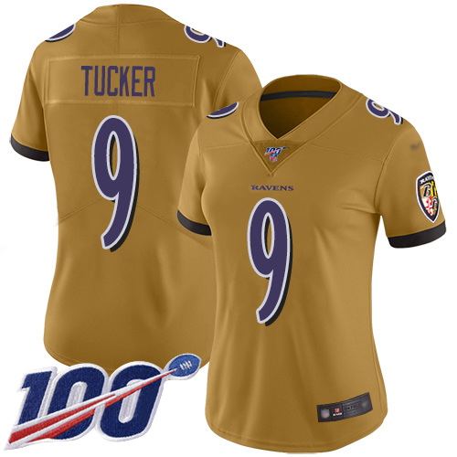 Women's Baltimore Ravens #9 Justin Tucker GoldStitched NFL Limited Inverted Legend 100th Season Jersey