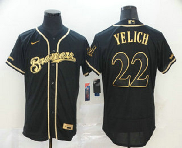 Men's Milwaukee Brewers #22 Christian Yelich Black Golden Stitched MLB Flex Base Nike Jersey