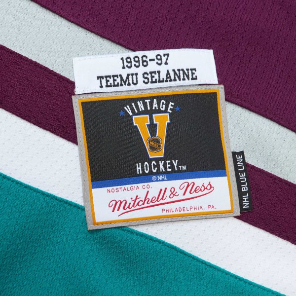 Men's Anaheim Ducks Teemu Selanne Mitchell & Ness Purple  1996/97 Alternate Captain Patch Blue Line Player Jersey