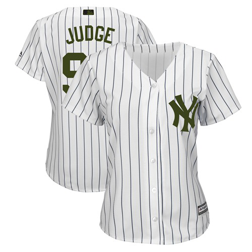 New York Yankees #99 Aaron Judge White Strip 2018 Memorial Day Cool Base Women's Stitched MLB Jersey