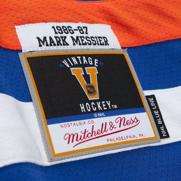 Men's Edmonton Oilers Mark Messier Mitchell & Ness Royal Alternate Captain Patch 1986/87 Blue Line Player Jersey