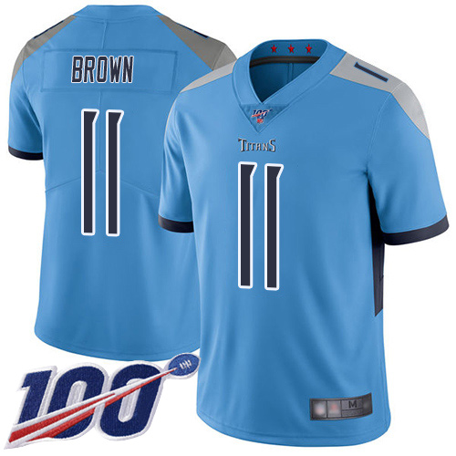 Men's Tennessee Titans #11 A.J. Brown Light Blue Alternate Stitched NFL 100th Season Vapor Limited Jersey