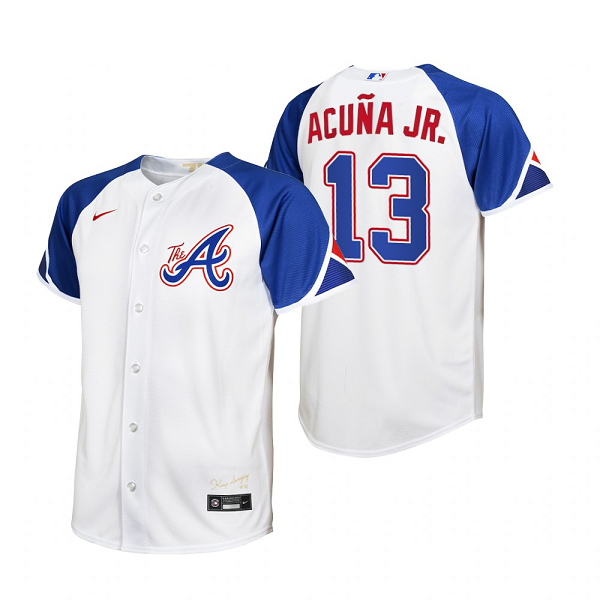 Youth Atlanta Braves #13 Ronald Acuna Jr. White 2023 City Connect Jersey