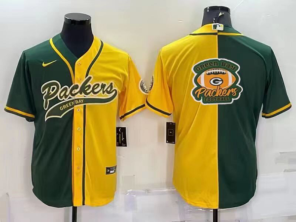 Men's Green Bay Packers Blank Green Yellow Split Stitched Baseball Cool Base Jersey