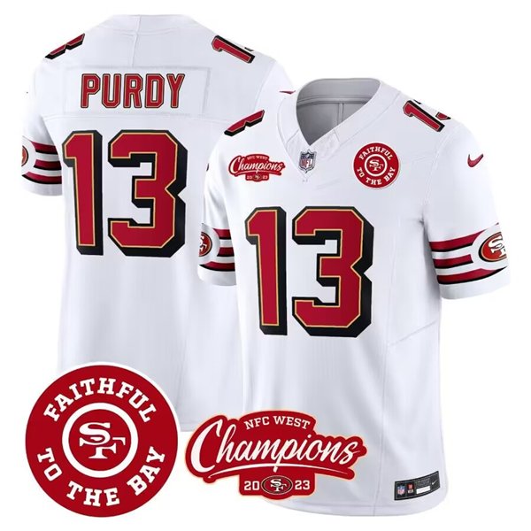 Men's San Francisco 49ers #13 Brock Purdy White 2023 F.U.S.E. Faithful To The Bay And NFC West Champions Patch Stitched NFL Jersey