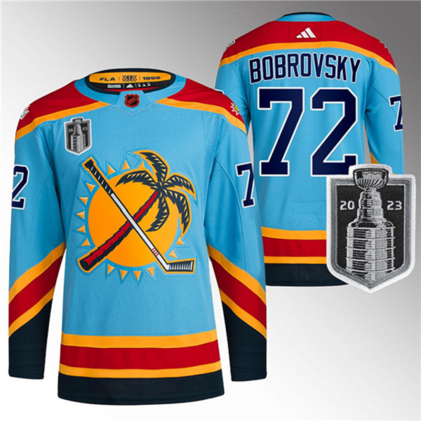 Men's Florida Panthers #72 Sergei Bobrovsky Blue 2023 Stanley Cup Final Reverse Retro Stitched Jersey