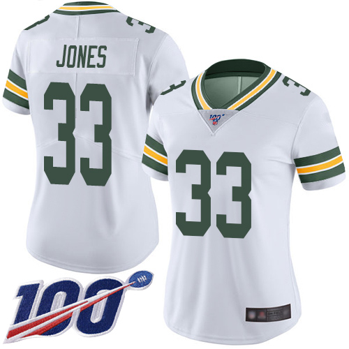 Women's Green Bay Packers #33 Aaron Jones WhiteStitched NFL 100th Season Vapor Limited Jersey