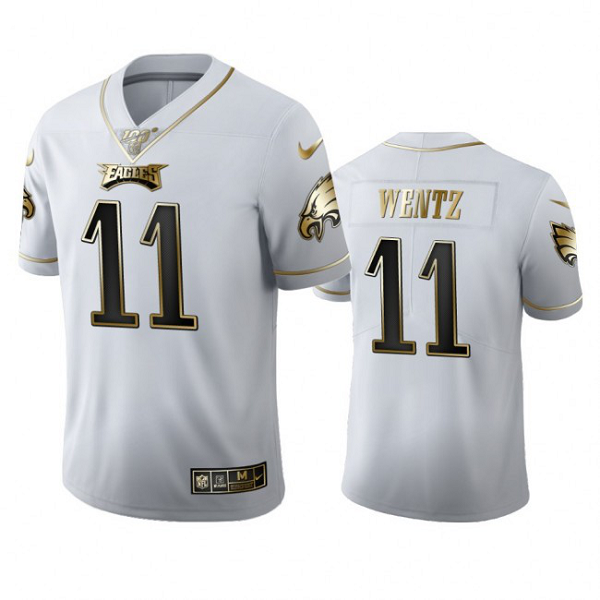 Philadelphia Eagles #11 Carson Wentz Men's Nike White Golden Edition Vapor Limited NFL 100 Jersey