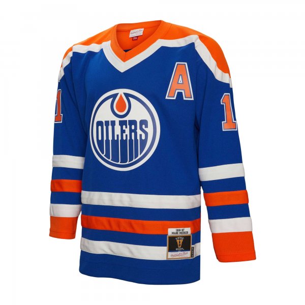 Men's Edmonton Oilers Mark Messier Mitchell & Ness Royal Alternate Captain Patch 1986/87 Blue Line Player Jersey