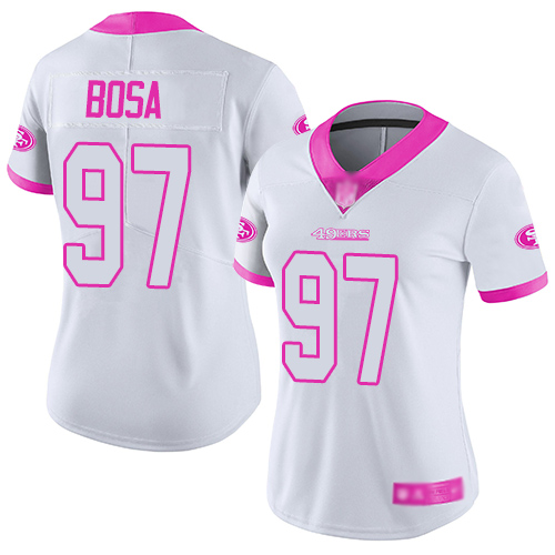 Women's San Francisco 49ers #97 Nick Bosa White/Pink Stitched Nike NFL Limited Rush Fashion Jersey