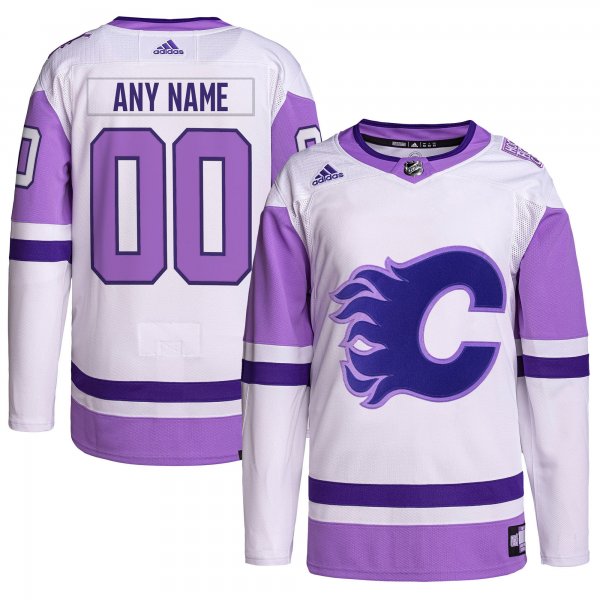 Men's Calgary Flames adidas White/Purple Hockey Fights Cancer Primegreen Custom Jersey