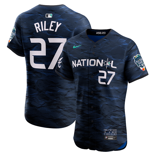 Men's National League #27 Austin Riley Nike Royal 2023 MLB All-Star Game Flex Base Jersey