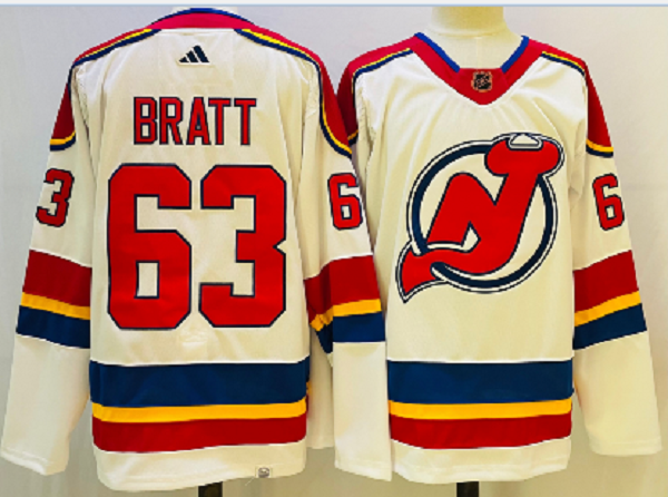 Men's New Jersey Devils #63 Jesper Bratt White 2022 Reverse Retro NHL Jersey