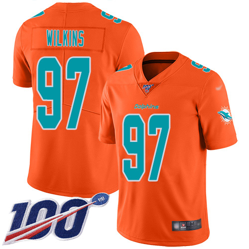 Miami Dolphins #97 Christian Wilkins Orange Men's Stitched NFL Limited Inverted Legend 100th Season Jersey