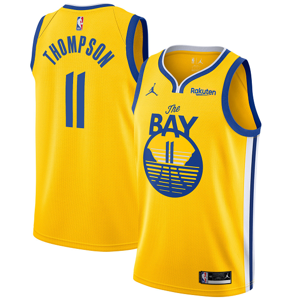 Men's Golden State Warriors #11 Klay Thompson Gold Jordan Brand 2020/21 Swingman Badge Player Statement Edition NBA Jersey